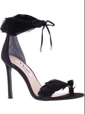 Nina Black Feather Ankle-Tie Stiletto Sandals